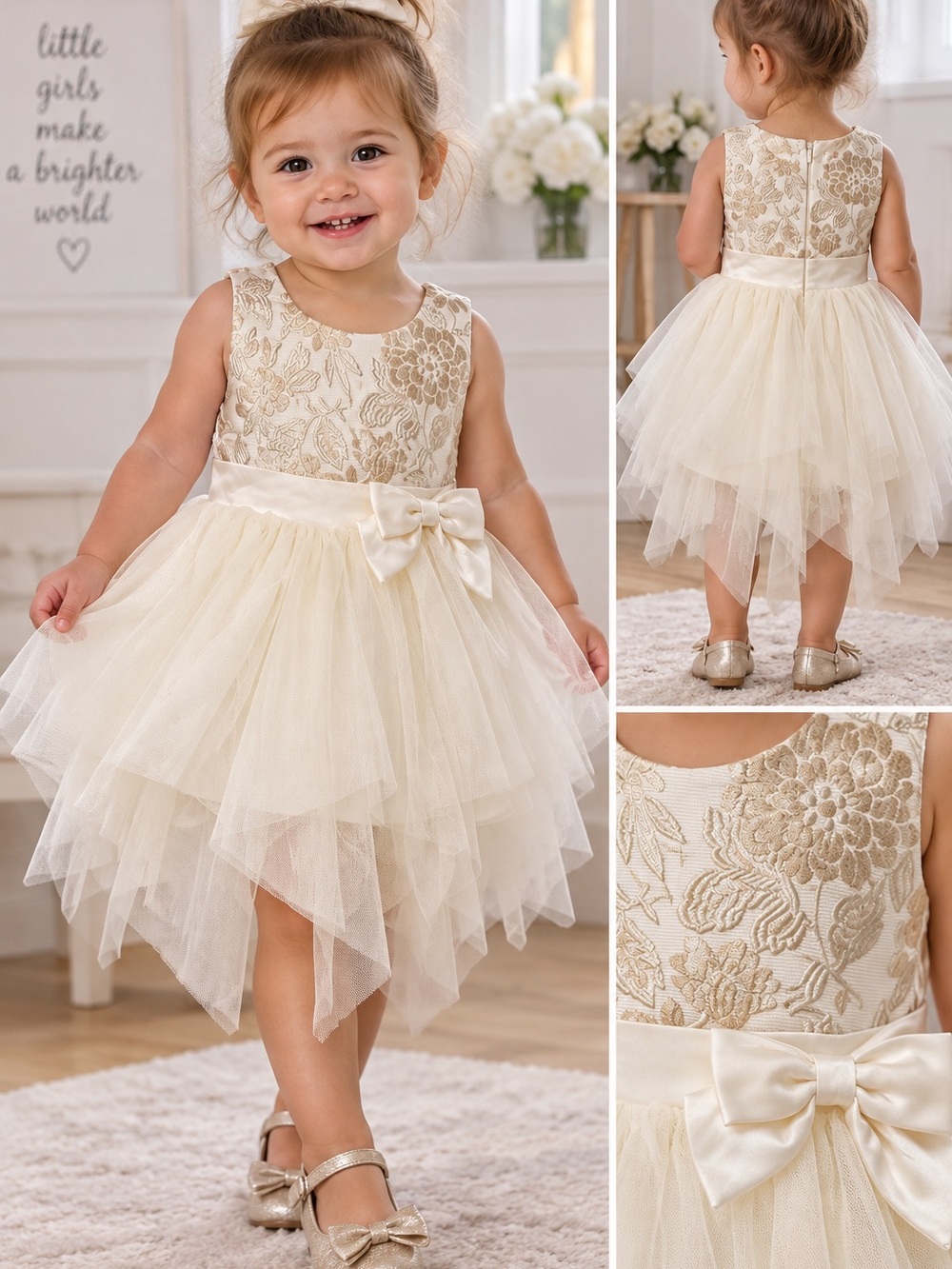 Biscotti Baby Girls Ivory Gold Floral Tulle Dress 18M Bow Formal Party